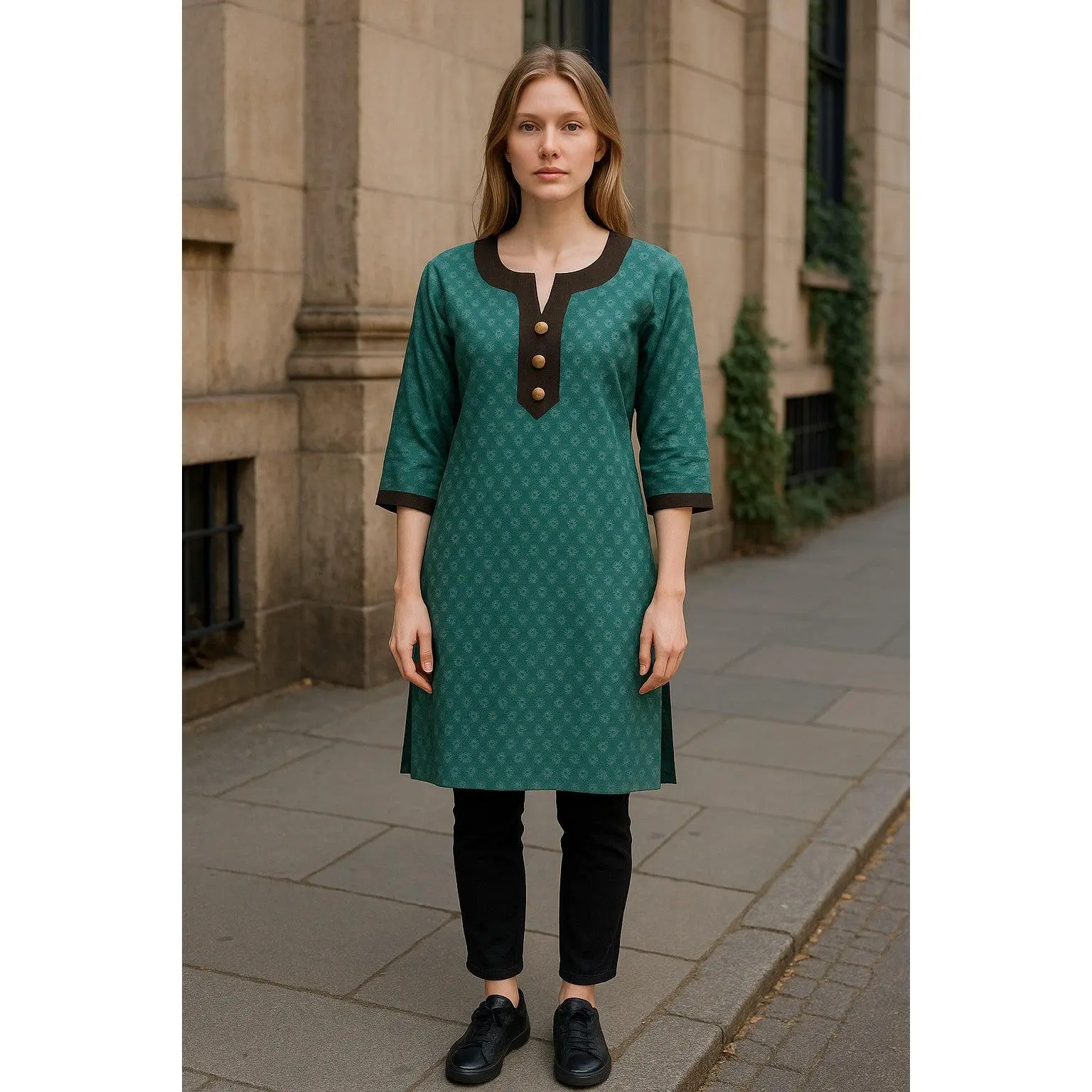 Demask Flower 100% Cotton Silk 3/4 Sleeves Round Neck with 3 Front Button Women Casual Tunic, Tops Perfect for Travel, Festivals and More