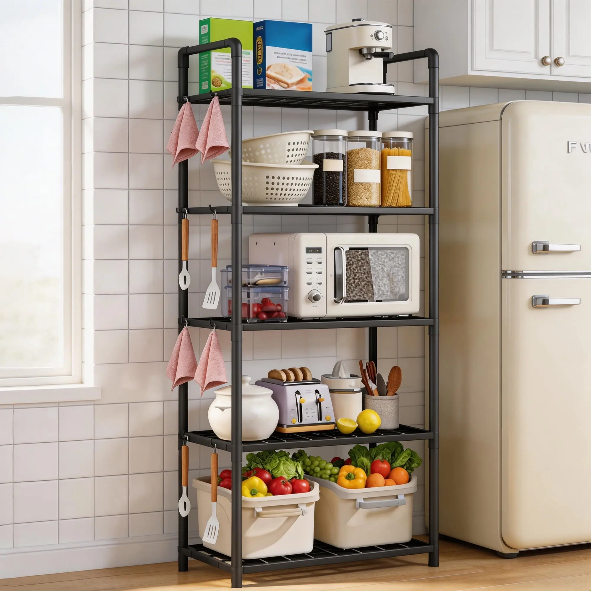 Black 5-Tier Plastic Storage Shelving Unit with Hooks, Utility Rack for Garage, Kitchen, Pantry, 10.6"D x 20"W x 57"H Home Organizer