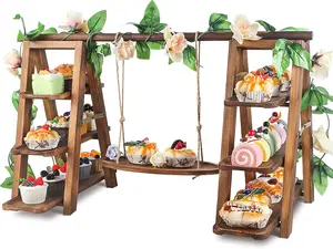 Wooden 3 Tier Cupcake Stand with Swing and Flower Decoration Removable Tray Display Foldable Stand with Serving Platter Party Food Display Set for Cake Snack Fruit Chips Bread Centerpieces Catering