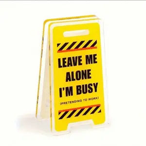 Acrylic "LEAVE ME ALONE I'M BUSY" Phrase Table Card with Yellow and Black Hazard Stripes Design- Funny Office Desk Accessories Decor Gift