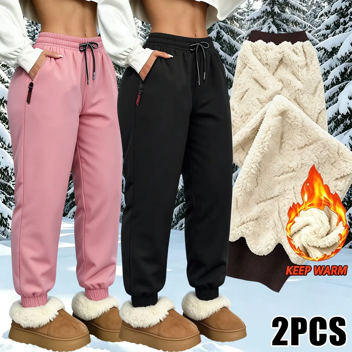 2-pack fleece warm casual sports pants with an elastic waistband, drawstring, slanted zippered pockets, and cuffed legs for wind protection and warmth. Suitable for everyday home wear and outdoor activities, ideal for cold winters and daily leisure sports