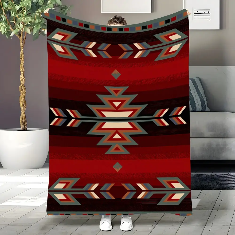 2D plane 1PC Ethnic Style Geometric Patterned flannel blanket, multi-color digital print soft and warm blanket, birthday gift, home decor bed blanket, Machine Washable Blanket, suitable for bedroom, sofa, office nap, and family travel