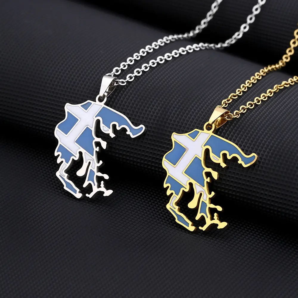 Greek Map & Flag Pendant Necklace, Unisex Adults' Chain & Link Jewelry, Ethnic Greece Souvenir Accessories
