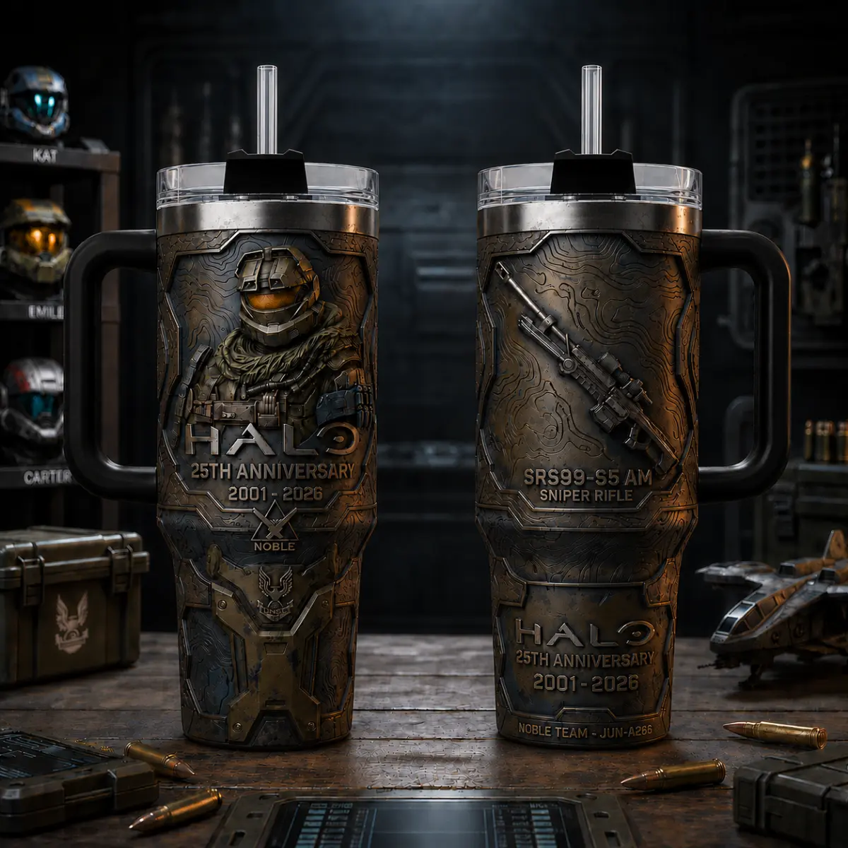 Halo 25th Anniversary 2001-2026 Tumbler, Halo Reach Jun-A266 Noble Team Sniper Rifle Car Cup, 40oz Insulated Stainless Steel Travel Mug Straw, Sci-Fi Video Game Collection, Double Wall Edition Merchandise Fans Gift lid
