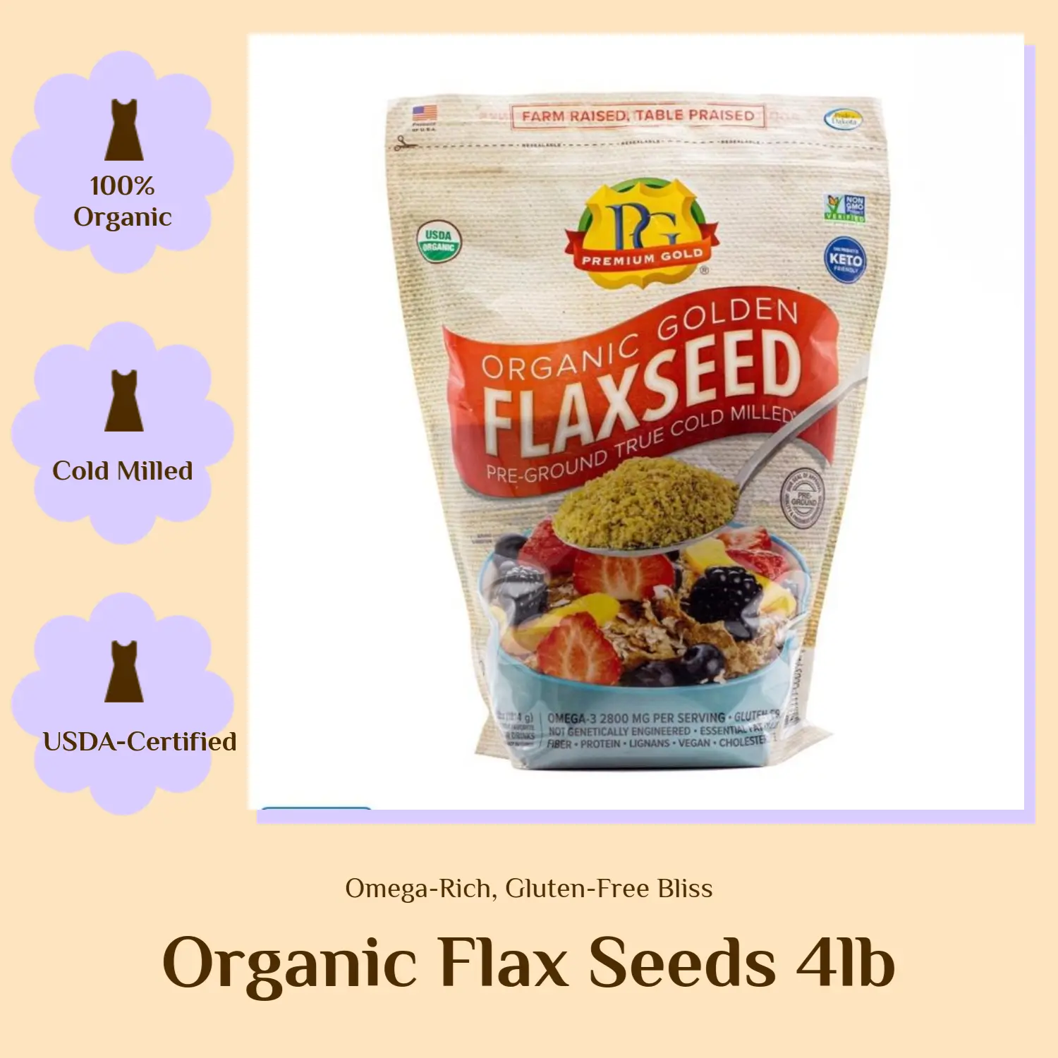 Premium Gold Organic Ground Flax Seed 4 Pounds Omega 3 High Fiber Gluten-Free Non-GMO Kosher Whole Milled Flaxseed Plant-Based Protein for Beverages Baking & Topping Spice Flavor