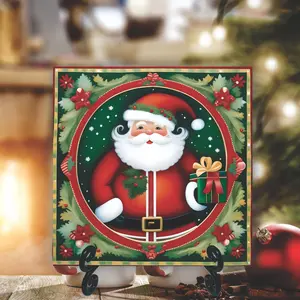 Santa Christmas Coaster Set – 4 Handmade 4.25" Glossy Ceramic Tiles | Classic Santa with Gift & Holly Wreath | Holiday Home Decor | Christmas Hostess Gift | Festive Drink Coasters