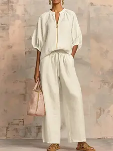 Women's Summer Casual Clothing Set, Short Sleeve Zipper Round Neck Top + Wide Leg Long Pants, Comfortable Soft Fabric, Loose Fit, Solid Color