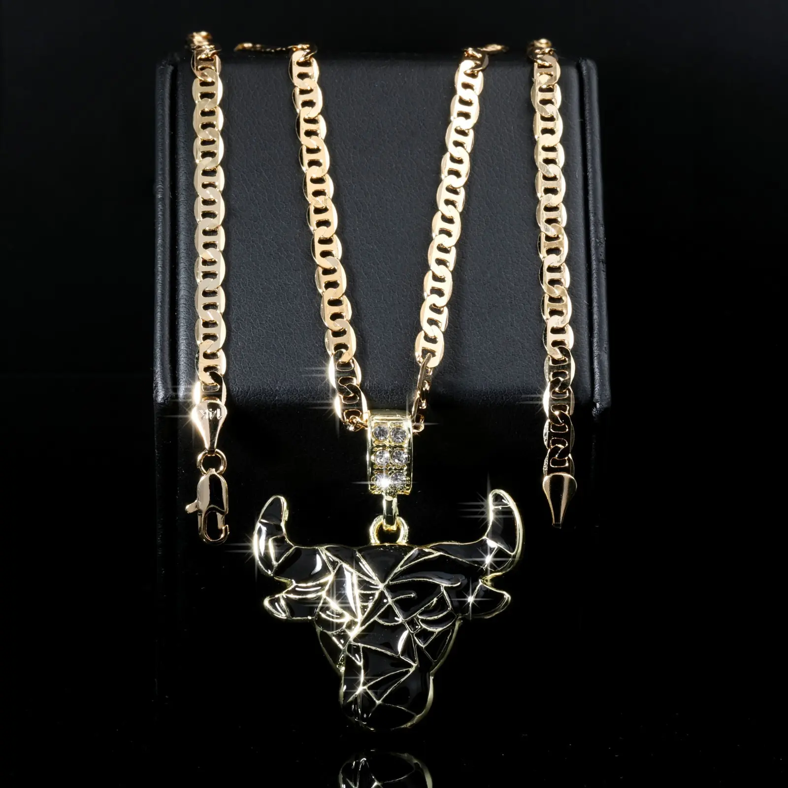 MaxBling81 Iced Bull Bulls Design Black Pendant Necklace - 14K Stamped 4mm 20" 24" Mariner Chain, Unisex Gold Plated, Necklace for Everyday Wear, Chain Links Necklaces, Cuban Logo Necklaces
