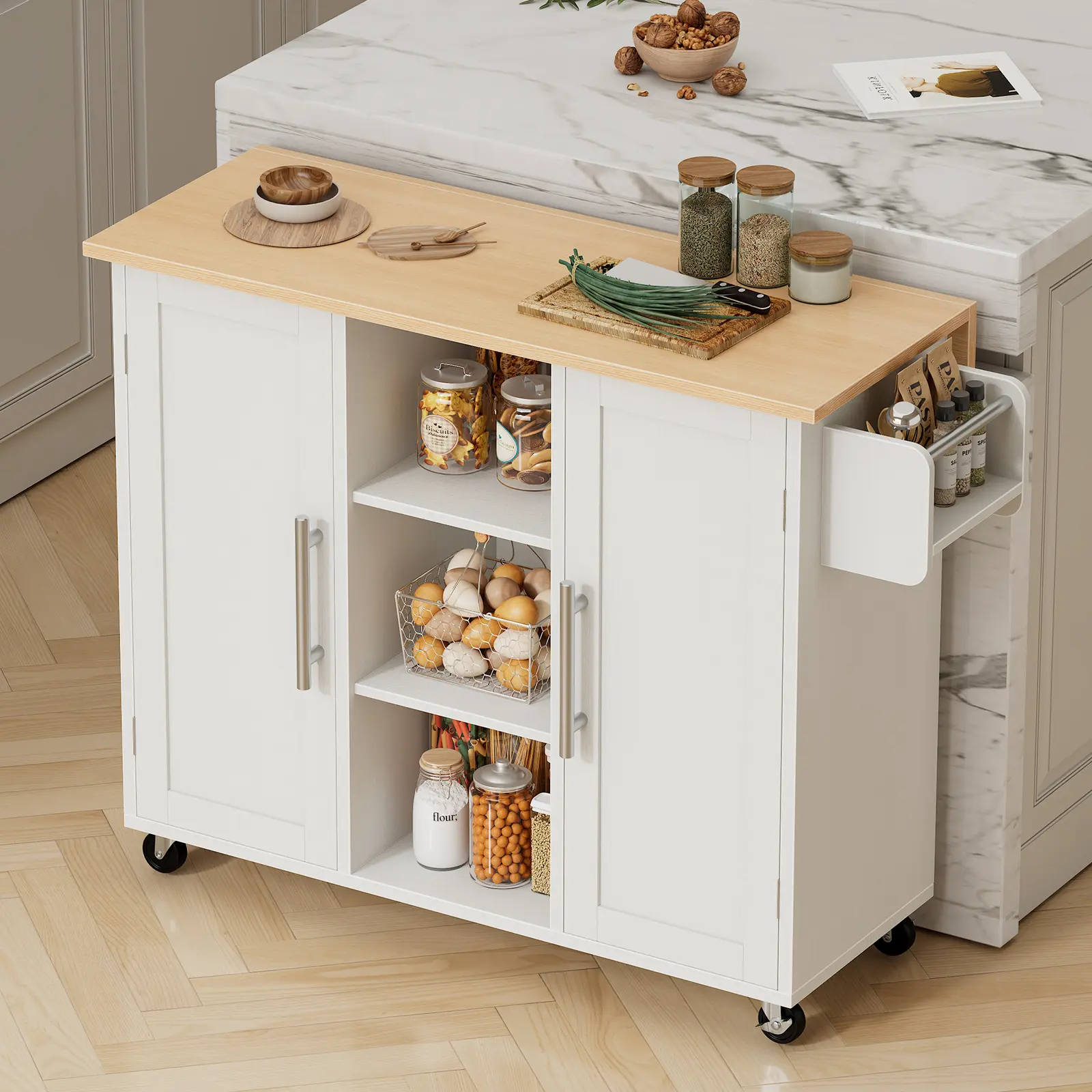 Sweetcrispy Rolling Kitchen Island Cart with Foldable Drop Leaf Countertop - Storage Cabinet with 2 Doors, 3 Open Cubes & Spice Rack, Mobile Kitchen Island with Lockable Wheels, Wood Top Utility Cart for Small Spaces (Black/White)
