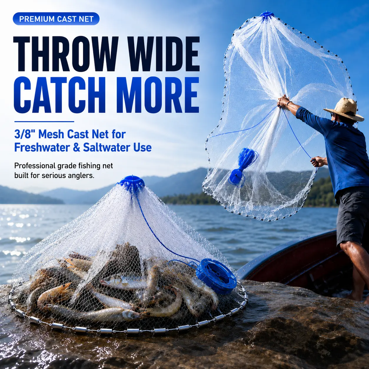 Hand Throw Cast Net, 6FT/8FT Radius Heavy Duty Monofilament Net with 3/8" Tear-Resist Mesh, Fast Sinking Tight Bottom Trap for Ocean, Trout Fishing-3331