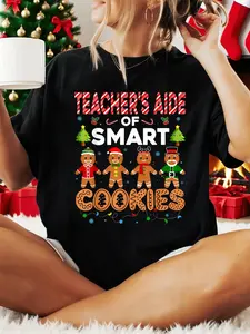 100% Cotton Women Christmas T-shirt Christmas Teacher's Aide Of Smart Cookies Cute Gingerbread T-Shirt for Men Women