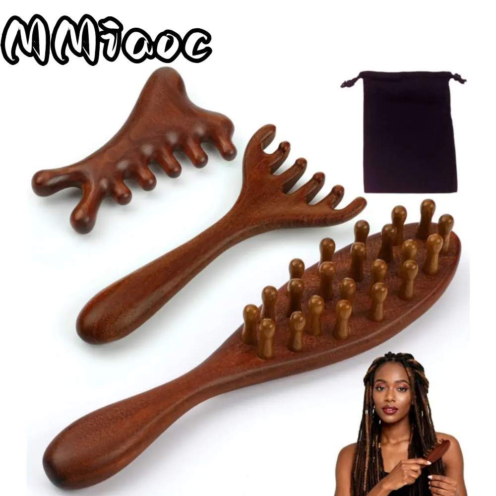 3 Pcs Wooden Scalp Massage Brush Set with 1 Black Storage Bag, Ideal for Dreadlocks, Hair Growth, Daily Scalp & Body Care, Stress Relief, Great Christmas Gift (Sports & Outdoor Accessories)