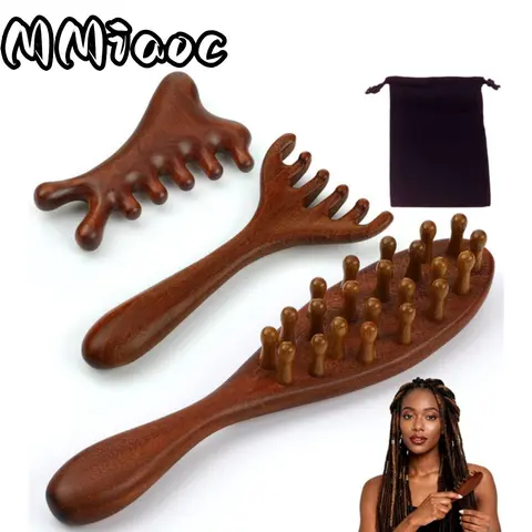 3 Pcs Wooden Scalp Massage Brush Set with 1 Black Storage Bag, Ideal for Dreadlocks, Hair Growth, Daily Scalp & Body Care, Stress Relief, Great Christmas Gift (Sports & Outdoor Accessories)