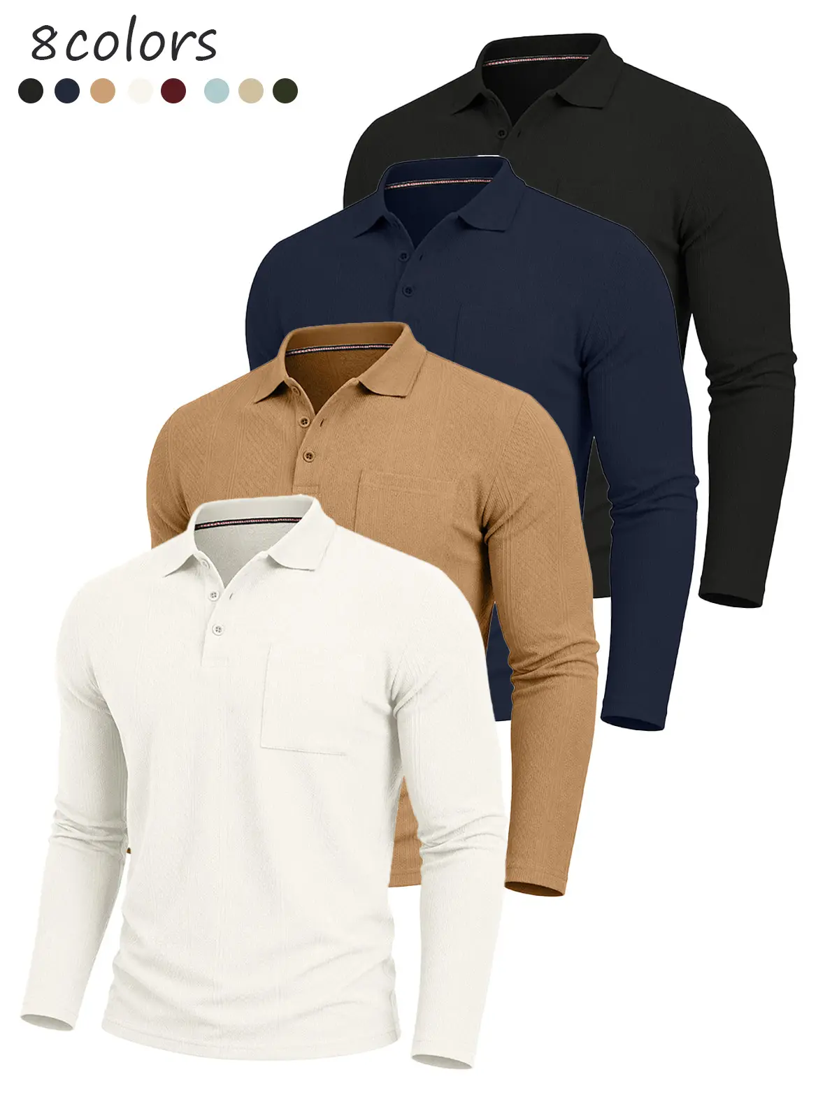 Men’s Jacquard Long Sleeve Polo Shirt, Regular Fit Textured Collared Top, Business Casual Pullover for Office, Work, Commute, Weekend & Daily Wear