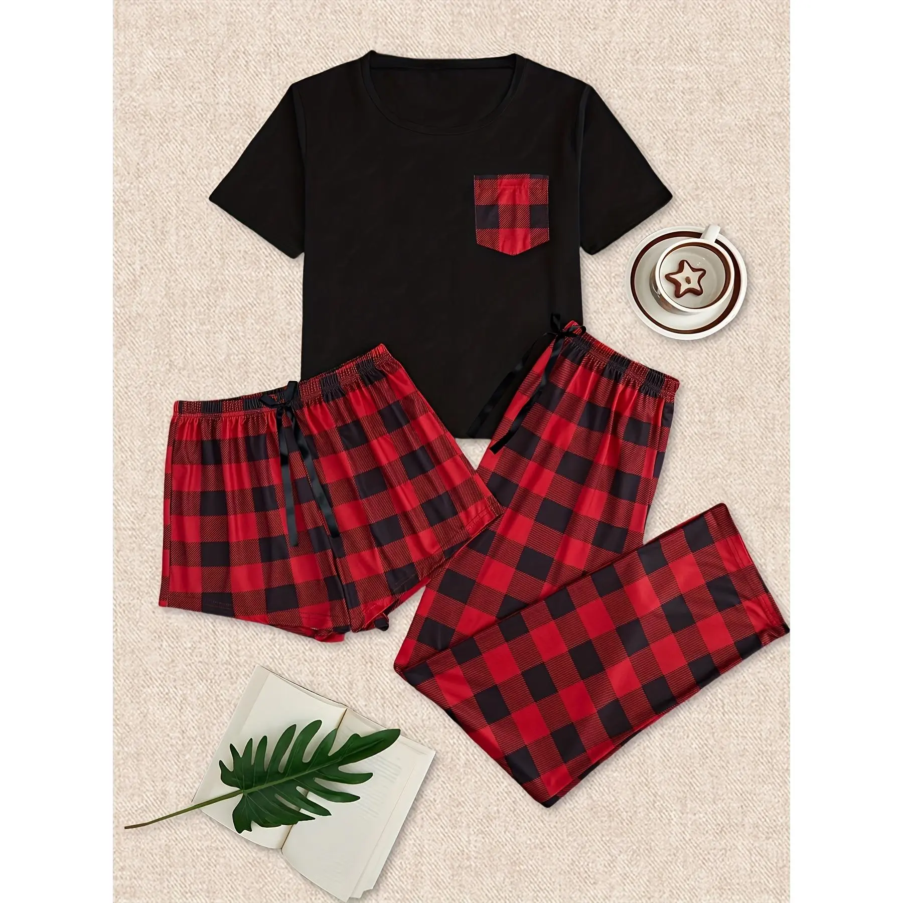 Essential Women's 3-Piece Pajama Set - Casual Plaid Print Top, Shorts & Trousers - Cozy Loungewear for Essential Women's 3-Piece Pajama Set - Casual Plaid Print Top, Shorts & Trousers - Cozy Loungewear for