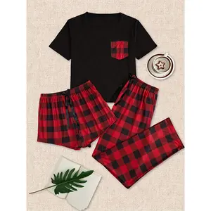Essential Women's 3-Piece Pajama Set - Casual Plaid Print Top, Shorts & Trousers - Cozy Loungewear for Home Wear & Nightwear - Comfortable & Stylish Essential Matching Shortsleeve Womenswear Formal Clothes christmas pajamas