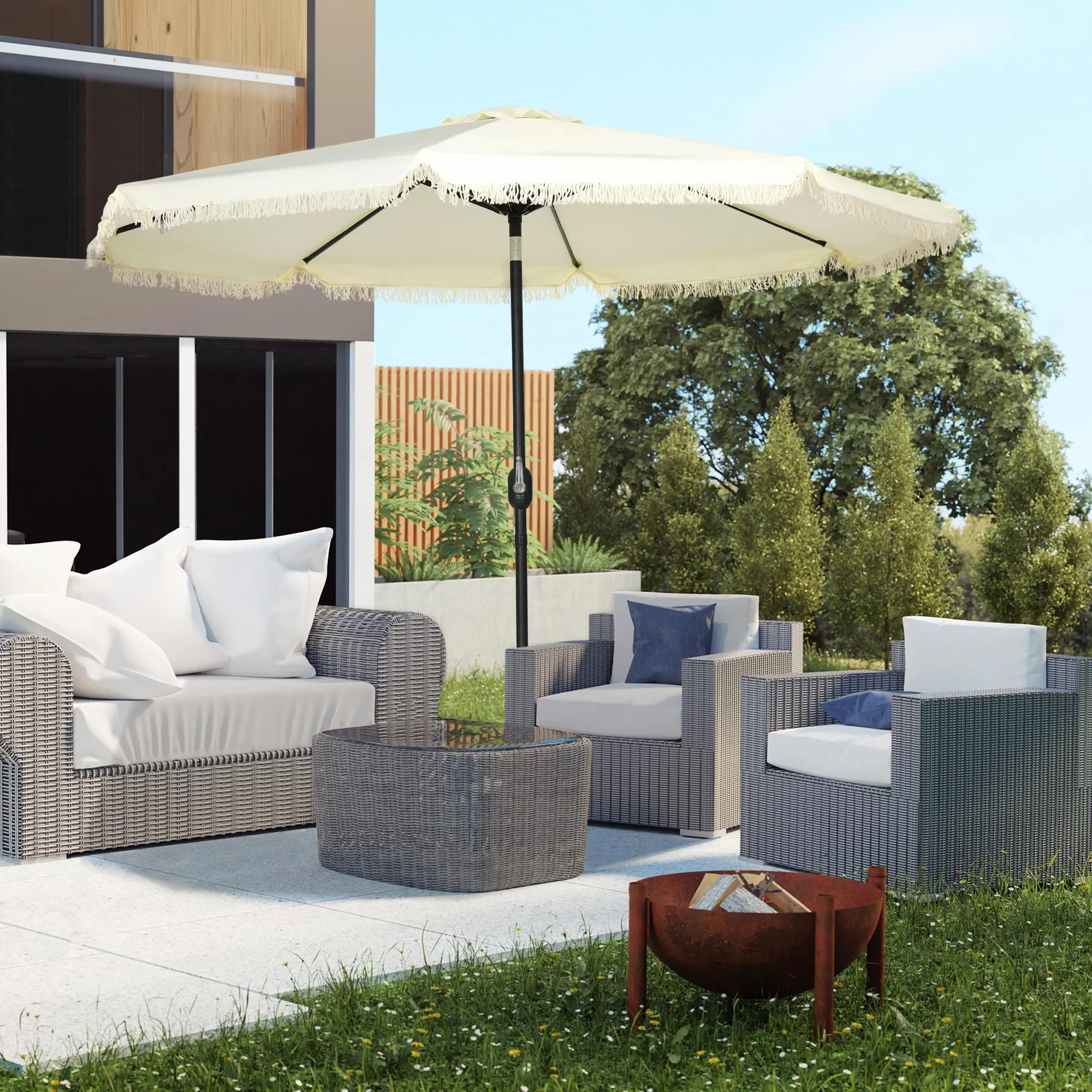 9' Patio Umbrella with Push Button Tilt and Crank Outdoor Double Top Market Umbrella Cream White 45-Degree Tiltable Design Durable 180 GSM Polyester Steel Frame