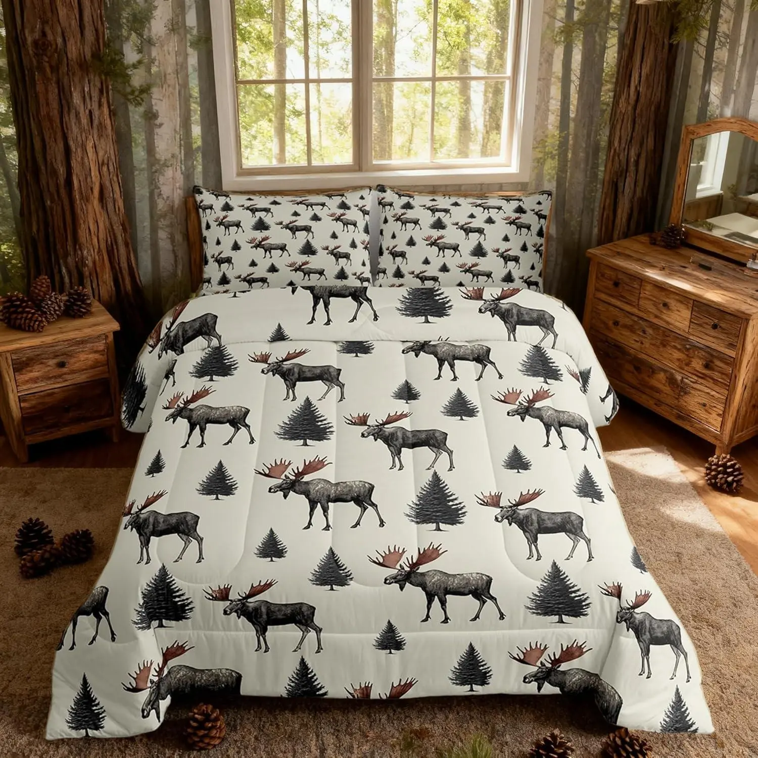 Wild Moose Bedding Set,Jungle Gray Pine Trees Decor Comforter Set for Kids Teens Adults,Lodge Cabin Jungle Animals Deer Antlers Down Comforter