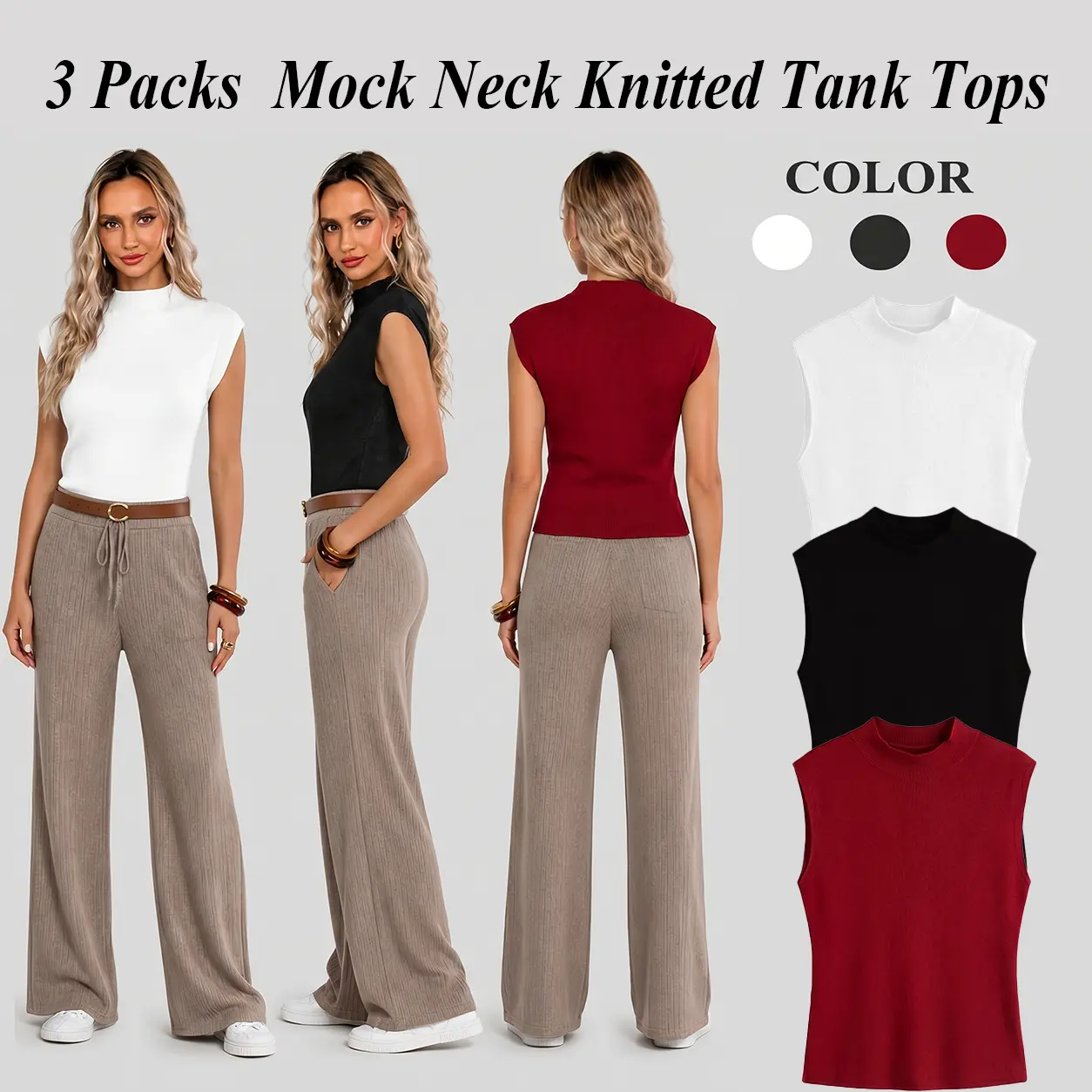 3 Packs Women's Elegant Mock Neck Cap Sleeve Knitted Tank Tops Stretch Slimming Solid Color Sleeveless Layering Vests women for Office Daily Wear