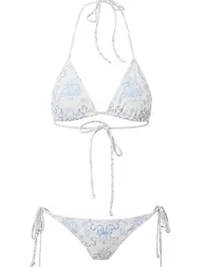 Blue White Porcelain Print String Bikini Set Sexy Tie Side Swimsuit Women Halter Triangle Top Brazilian Cut Beachwear Summer Vacation Pool Party Swimwear Trendy Coastal Chic Outfit