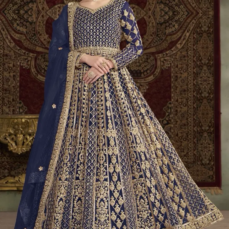 Navy Blue color, Big Size 3XL/44-46 in Net fabric All Over heavy Embroidered, Sequence, Thread, and Zari work with length 52 inches Net Wedding Anarkali Gown