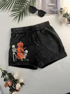 Women's Halloween Themed Shorts, Casual Comfy Skeleton Print Shorts for Daily Wear, Loose-Fit Ladies Bottoms for Summer Season Womenswear