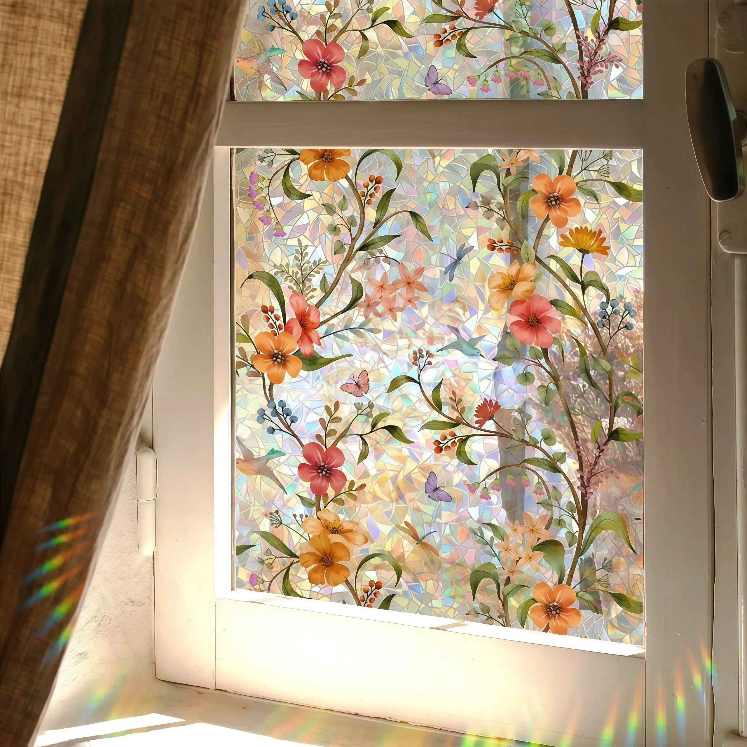 Retro Floral Motif Glass Window Film Roll - Flower Decorative Decals, 17.7x39.4", Privacy Protection, UV Blocking, Easy-Apply Vintage Rainbow Glass Sticker, Ideal Home Decor Gift for Windows
