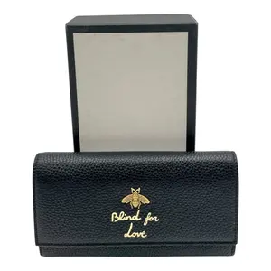 Pre-owned GUCCI LEATHER Small Leather Goods Blind for Love Bee Long Black Continental Wallet with Gold Embellishment