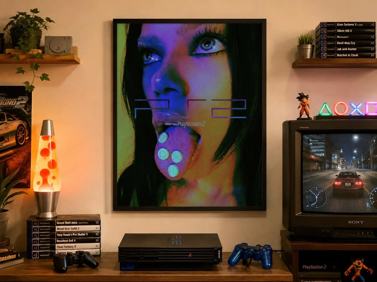 Y2K Retro Gaming Poster, Neon Cyber Girl Wall Art, Early 2000s Console Aesthetic Print, Purple Blue Vintage Gamer Room Decor, Nostalgic Arcade Bedroom Artwork, Gift for Gamers, Teens, Collectors, Birthdays, Game Rooms, Dorms and Media Spaces
