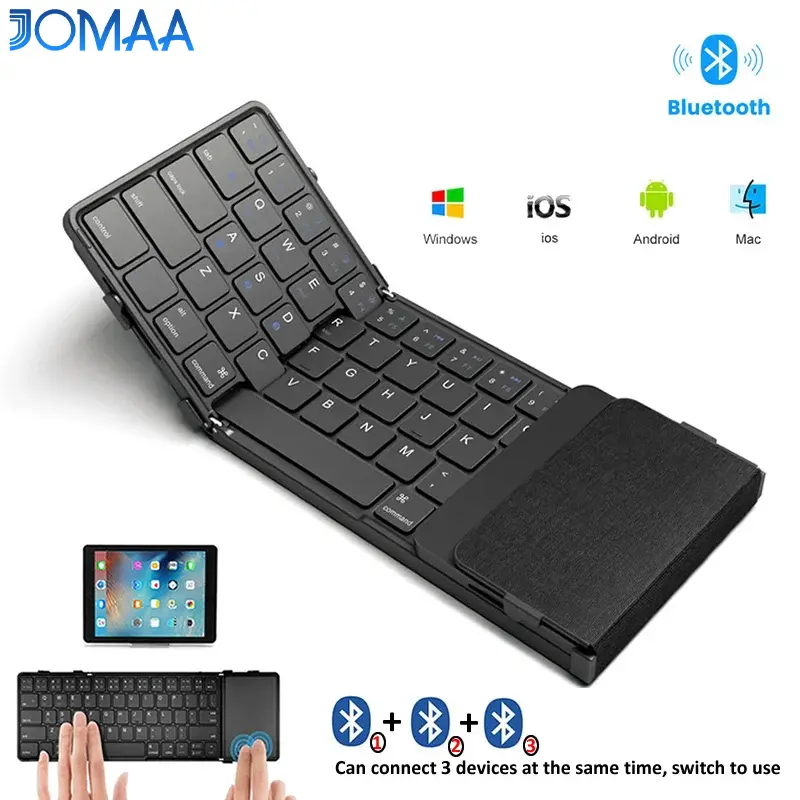 JOMAA Tri-Bluetooth Wireless Folding Keyboard with Touchpad Rechargeable Foldable Bluetooth Keyboard for Tablet Ipad