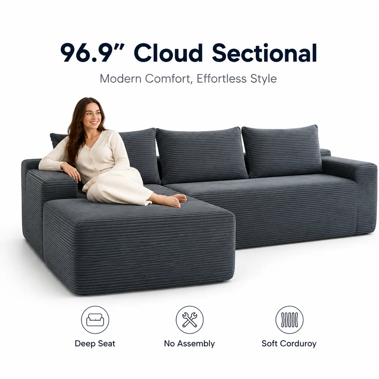 96.9" Grey Blue Cloud Modular Corduroy Sectional Sofa with Left Chaise, Deep Seat, No-Assembly Compressed Couch for Living Room, Apartment modern