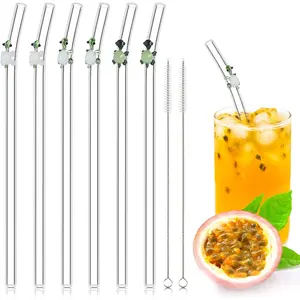 6 count Glass Straw with Design Shatter Resistant  Clear Bent Cute Straws 8 mm x 7.9 Inch with 2 count Cleaning Brush for Drinking Smoothie  Shakes Beverages(Turtle)