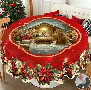 PLUMLIK Vintage Red tacky Christmas Tablecloth with Christmas Flower Jesus Nativity Patterns, Christmas Decor 2025, Christmas Party Decoration for Indoor Outdoor, Christ Round Rectangular Table Cloth, Holiday Home kitchen Festive Decor, Christmas Gifts