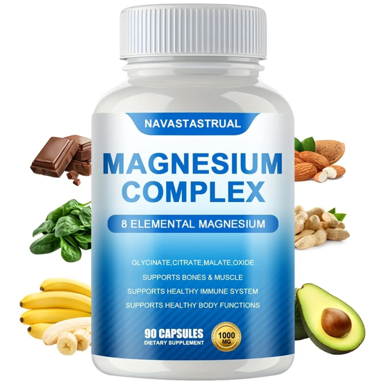 Magnesium Complex 1000mg 7 Elemental Magnesium Glycinate Citrate Malate Supplement Sleep Muscle Nerve Bone Support 90 Capsules