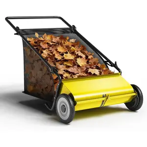 Push Lawn Sweeper, 26 in Width Enhanced 4-Brush System, 7 ft Capacity Heavy Duty Steel Frame, Ideal for Yard and Garden Cleanup, Yellow