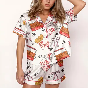 Women Coquette Chicken Nuggets Short Sleeve Satin Pajama Set, Pajama Nightwear Set for Her Women Coquette Chicken