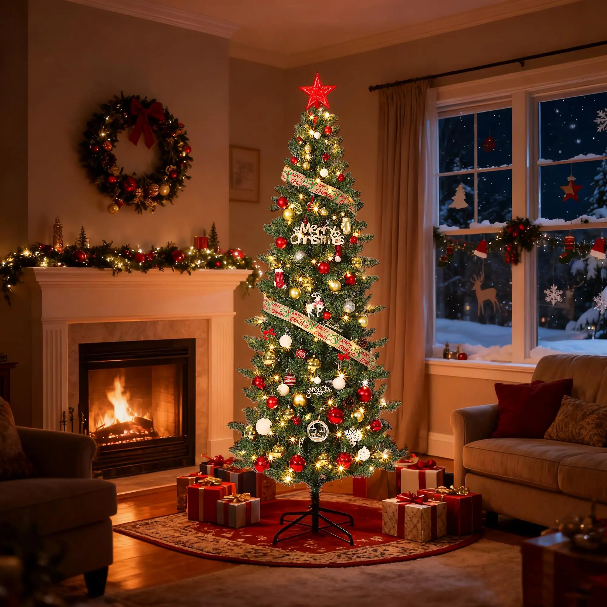 6FT Slim Pre-Lit Metal Christmas Tree - 120 Adjustable Warm LED Lights, Topper-Compatible Light-Up Sparkling Christmas Decor for Home, Office Holiday Use, Light-Up Christmas Decor