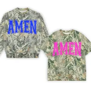 Amen Camo Puff Print T-Shirt, Real Tree Forest Camouflage Sweatshirt, Southern Country Streetwear, Blue Varsity Letter Graphic Top, Unisex Gift