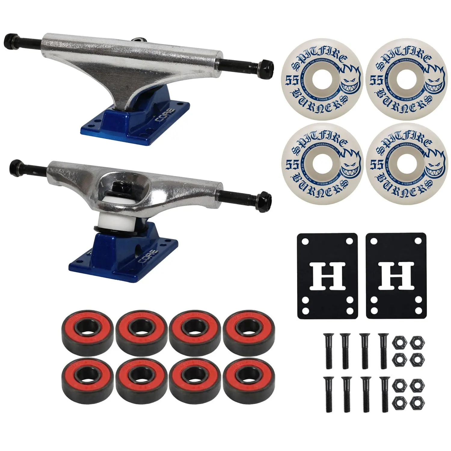 Core Hollow Skateboard Trucks 8.25" + 55mm Spitfire Burners Wheels, Abec 5 Bearings