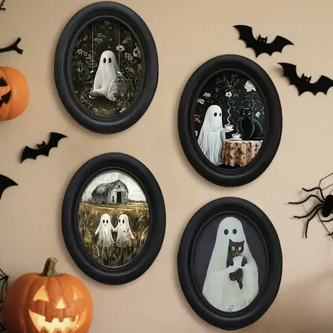 Vintage Gothic Mini Framed Ghost Photo - Black Oval Frame Graphic Print Halloween Wall Decor, Room Decor Decoration Items, Cute Gift for Ghost Lovers