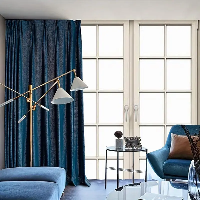 2pcs Deep Sea Blue Gold Foil Curtains, Unique Texture & Metallic Shine, Luxury Home Decor Focus, High-End Window Drapes