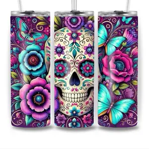 Sugar skull 20oz Stainless Steel Tumbler Durable Eco-Friendly 20-ounce Straight Tumbler with Customizable Prints for Hot or Cold Drinks