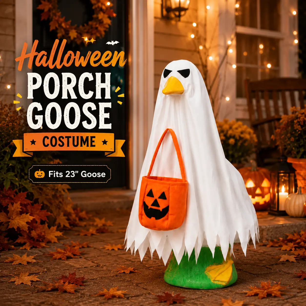 Halloween Porch Goose Costume Set – Ghost & Pumpkin Outfits for 23" Lawn Goose, Party Decor Gifts, Easy to Dress Yard Patio Clothing