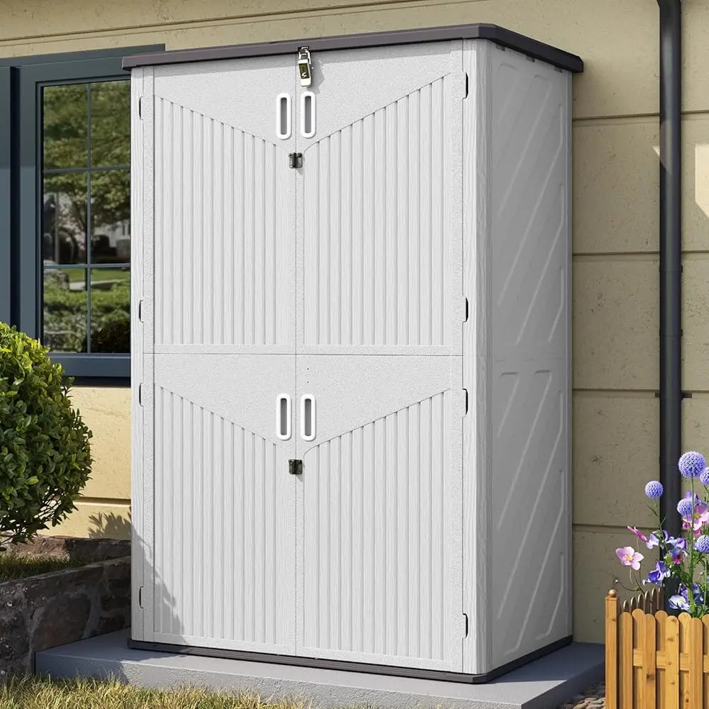 Aoxun Resin Waterproof Horizontal Outdoor Storage Cabinet - 21/35/64 Cu.Ft, Stable, 4-Door Design, Fewer Screws, Large Items Access, Daily Sorting, White Enclosure for Garbage Bin, Lawn Mower (Home Improvement Garden Building)