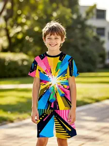 Boys' 3D Short Sleeve Set, American Dopamine Colorblock Full Print, Casual Fashion for Outdoor, Holiday Gift, Birthday Present
