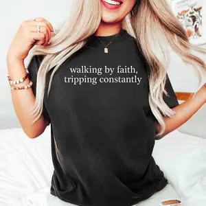 [100% Cotton] Walking by Faith Tripping Constantly, Christian Shirt, Inspirational Shirt, Minimal Christian Shirt for Women, Jesus Shirt  Golf Gift T-Shirt For Men and Women