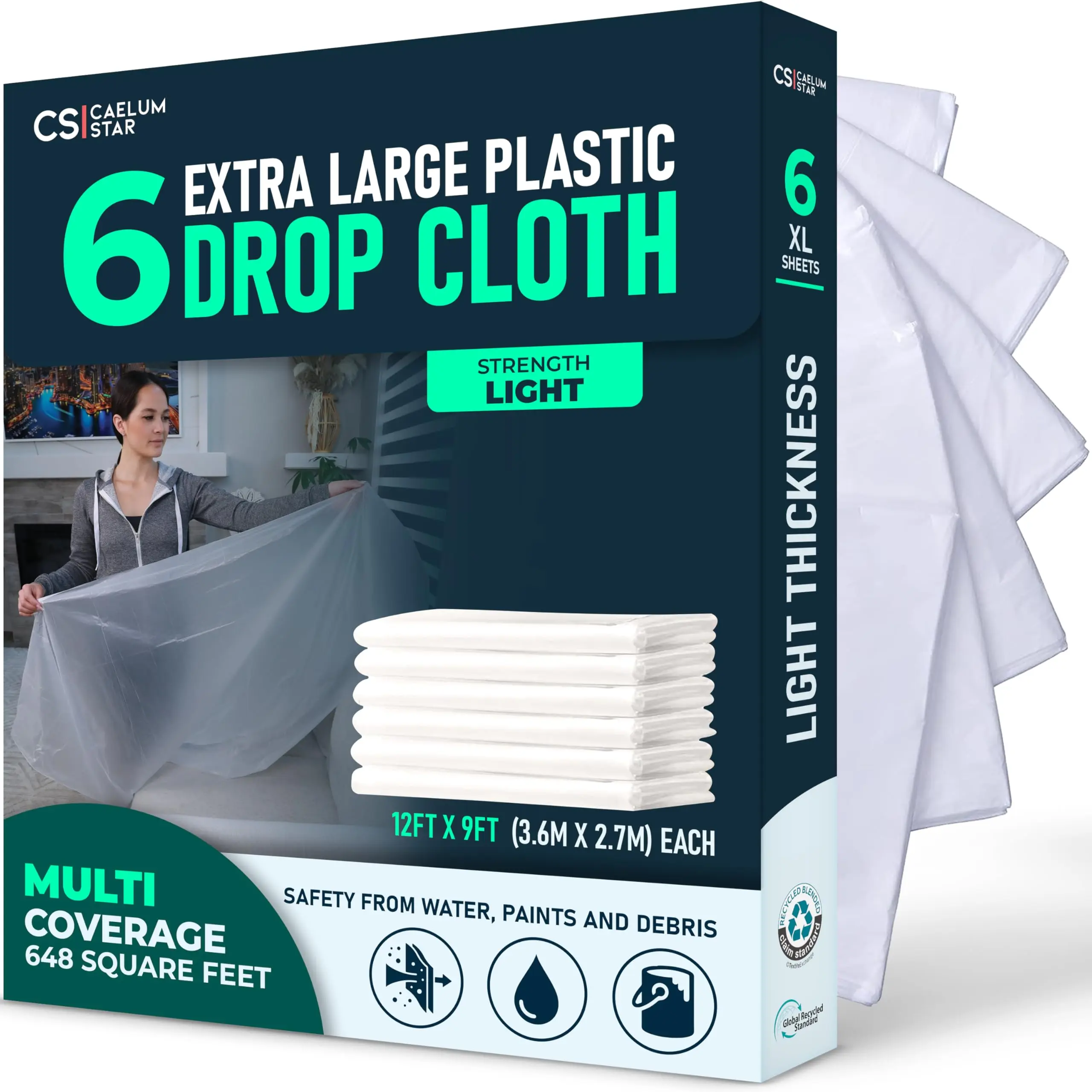 Caelum Star 6 Pack 12 x 9 ft Clear Plastic Drop Cloth for Painting - Light