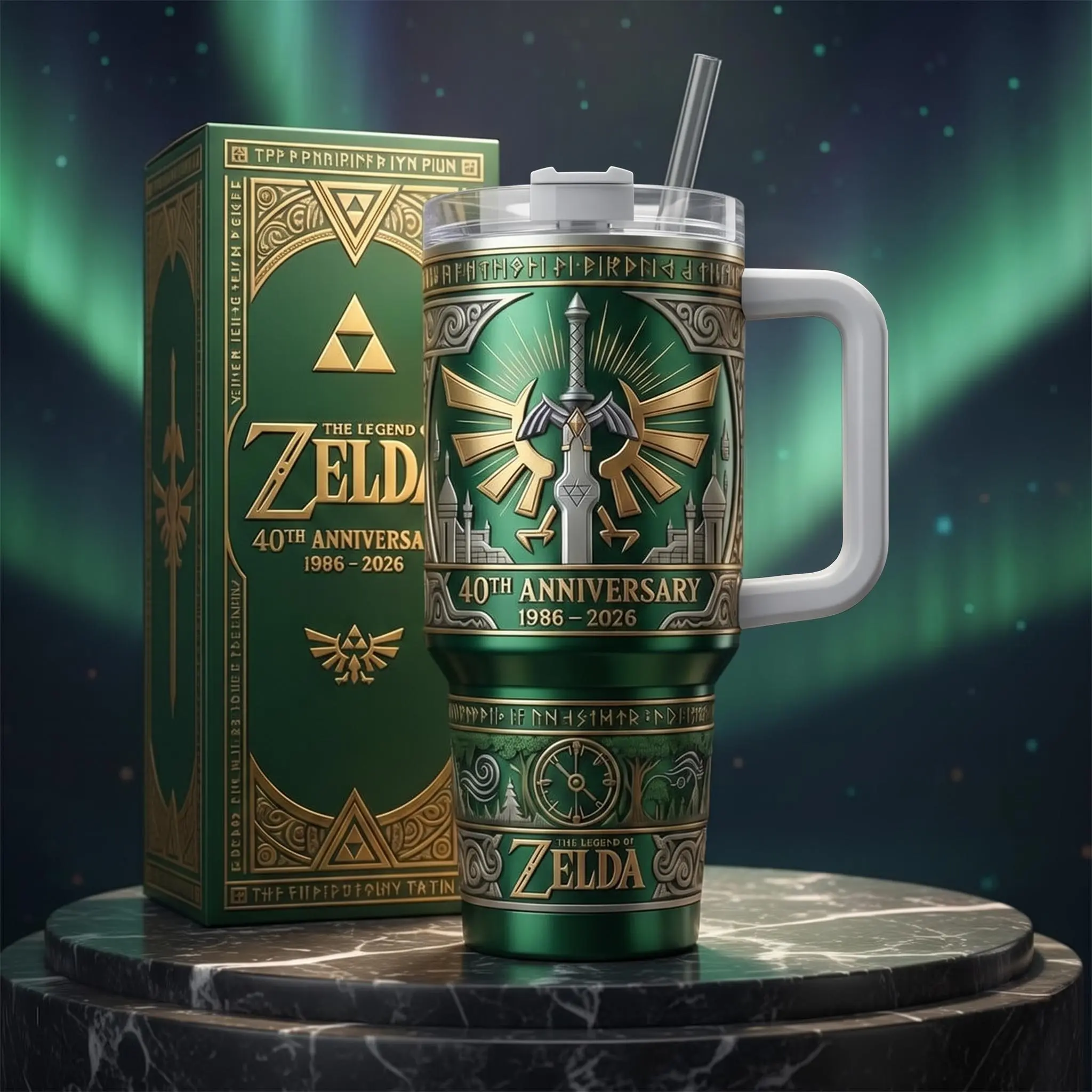 Elite Tumbler - The Legend Of Zelda 40th Anniversary 1986-2026 40oz Travel Tumbler With Handle & Straw Insulated Cup for Hot & Cold Drinks