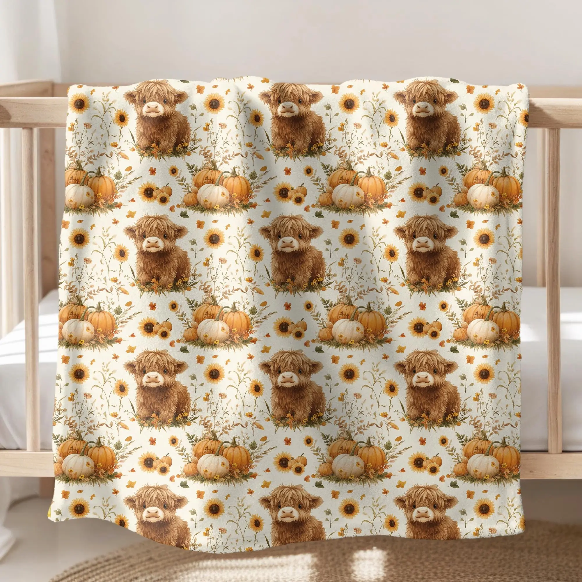 Highland Cow Fall Throw Blanket, Rustic Farm Pumpkin Velveteen, Cozy Autumn Couch Blanket for Farmhouse Décor