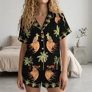 Coconut tree peacock monkey plant satin pajamas set, tropical women pajamas, summer lounge, sleepwear fasshion